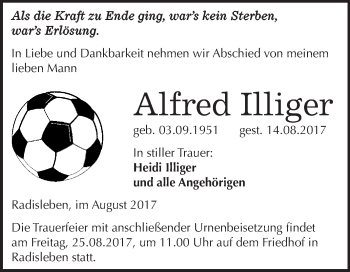 Traueranzeige von Alfred Illiger von WVG - Wochenspiegel Quedlinburg