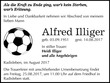 Traueranzeige von Alfred Illiger von Mitteldeutsche Zeitung Quedlinburg