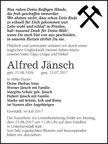 Traueranzeige von Alfred Jänsch von WVG - Wochenspiegel Merseburg