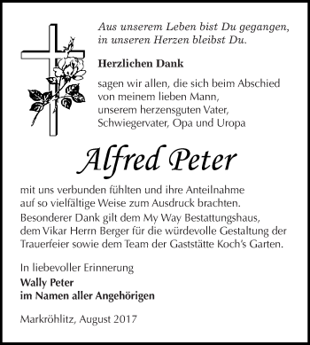 Traueranzeige von Alfred Peter von WVG - Wochenspiegel NMB / WSF / ZTZ