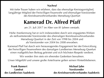 Traueranzeige von Alfred Pfaff von Mitteldeutsche Zeitung Merseburg/Querfurt