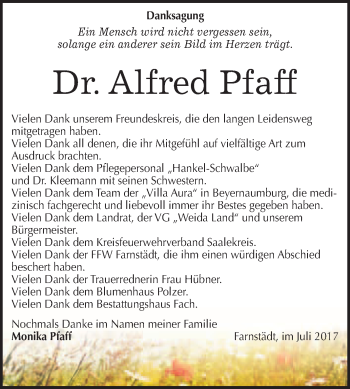 Traueranzeige von Alfred Pfaff von WVG - Wochenspiegel Merseburg