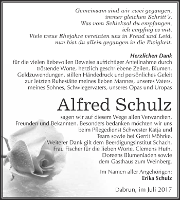 Traueranzeige von Alfred Schulz von WVG - Wochenspiegel Wittenberg
