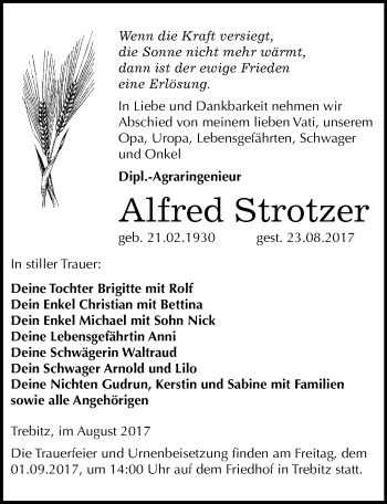 Traueranzeige von Alfred Strotzer von Mitteldeutsche Zeitung Wittenberg