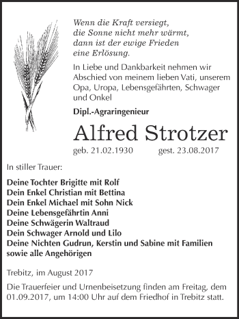 Traueranzeige von Alfred Strotzer von WVG - Wochenspiegel Wittenberg