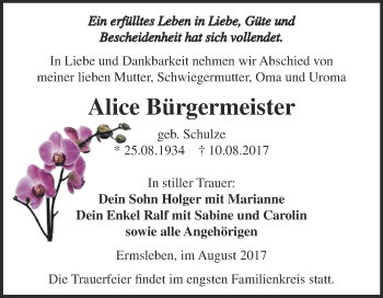 Traueranzeige von Alice Bürgermeister von Super Sonntag Aschersleben