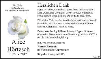 Traueranzeige von Alice Hörtzsch von Super Sonntag Zeitz