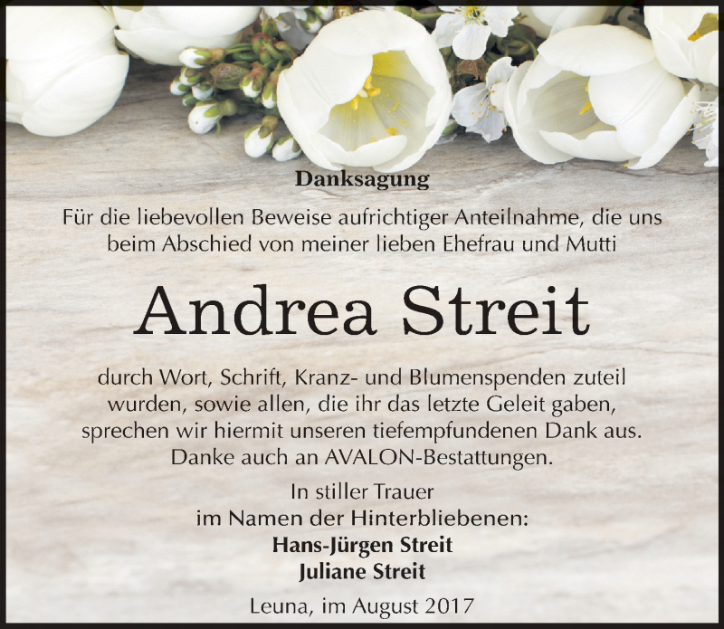  Traueranzeige für Andrea Streit vom 26.08.2017 aus Mitteldeutsche Zeitung Merseburg/Querfurt