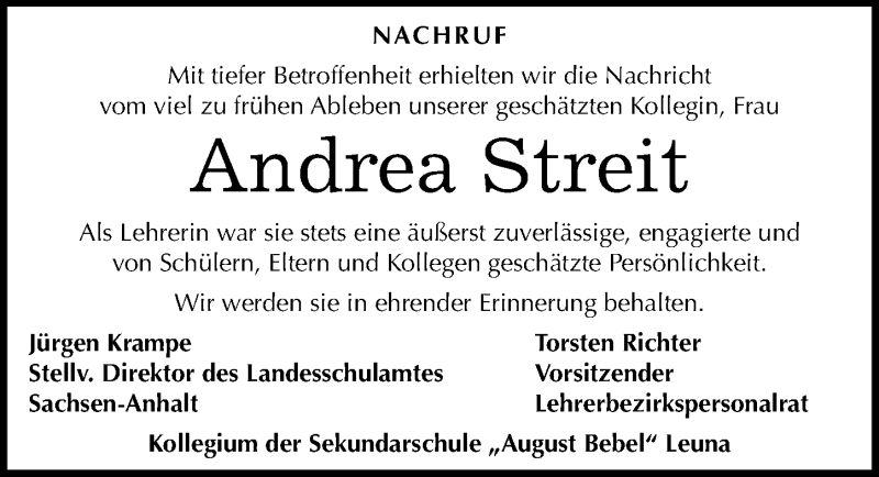  Traueranzeige für Andrea Streit vom 14.08.2017 aus Mitteldeutsche Zeitung Merseburg/Querfurt