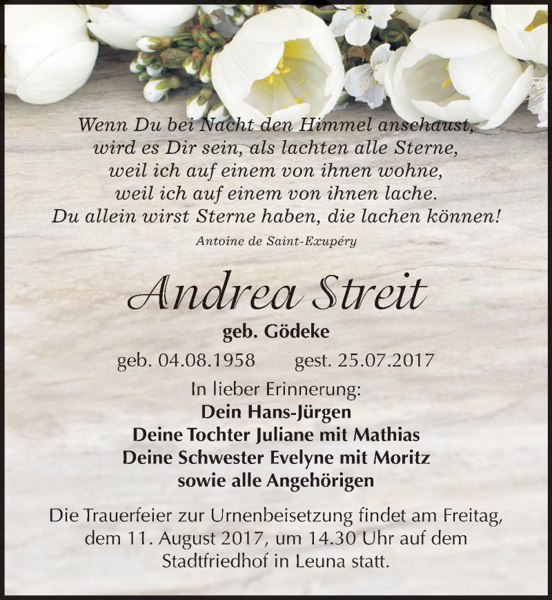  Traueranzeige für Andrea Streit vom 03.08.2017 aus Mitteldeutsche Zeitung Merseburg/Querfurt