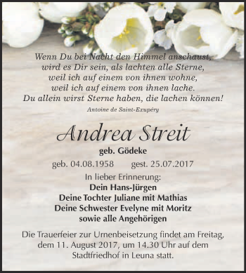 Traueranzeige von Andrea Streit von WVG - Wochenspiegel Merseburg