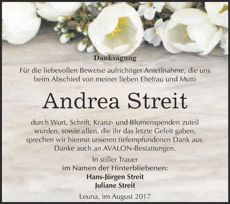  Traueranzeige für Andrea Streit vom 23.08.2017 aus WVG - Wochenspiegel Merseburg