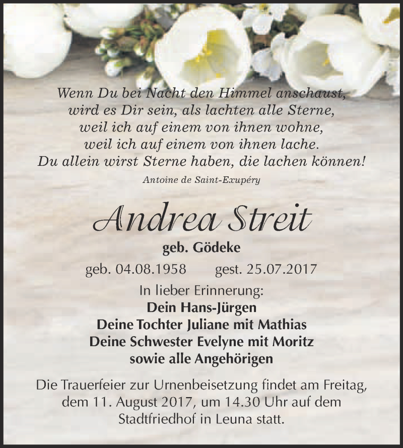  Traueranzeige für Andrea Streit vom 09.08.2017 aus WVG - Wochenspiegel Merseburg