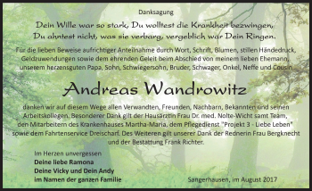 Traueranzeige von Andreas Wandrowitz von Mitteldeutsche Zeitung Sangerhausen