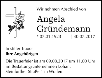 Traueranzeige von Angela Gründemann von Mitteldeutsche Zeitung Bitterfeld