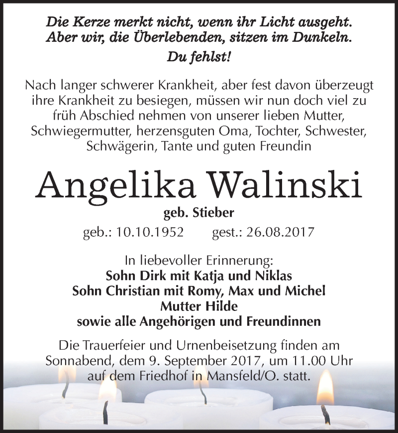  Traueranzeige für Angelika Walinski vom 30.08.2017 aus Mitteldeutsche Zeitung Mansfelder Land