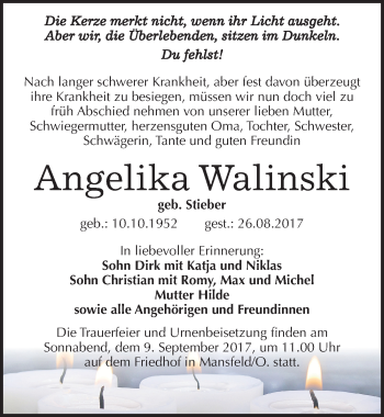 Traueranzeige von Angelika Walinski von Mitteldeutsche Zeitung Mansfelder Land