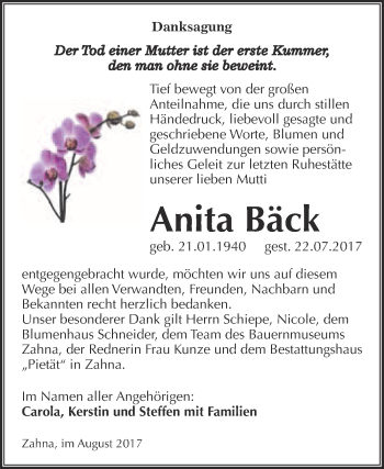 Traueranzeige von Anita Bäck von Super Sonntag Wittenberg