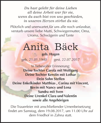 Traueranzeige von Anita Bäck von Super Sonntag Wittenberg