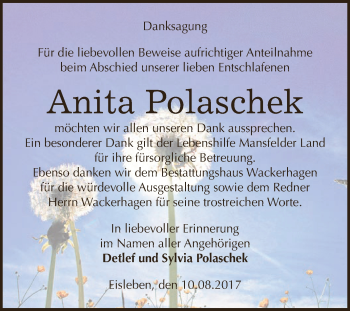 Traueranzeige von Anita Polaschek von Wochenspiegel Mansfelder Land