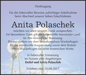 Traueranzeige von Anita Polaschek von Mitteldeutsche Zeitung Mansfelder Land