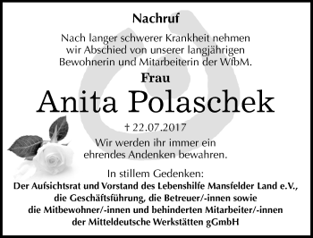 Traueranzeige von Anita Polaschek von Mitteldeutsche Zeitung Mansfelder Land