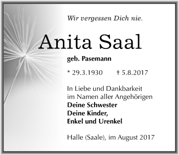 Traueranzeige von Anita Saal von Mitteldeutsche Zeitung Halle/Saalkreis