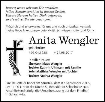 Traueranzeige von Anita Wengler von Mitteldeutsche Zeitung Halle/Saalkreis