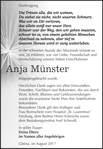 Traueranzeige von Anja Münster von WVG - Wochenspiegel NMB / WSF / ZTZ