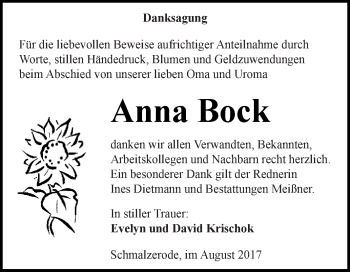 Traueranzeige von Anna Bock von Super Sonntag SGH Mansf. Land