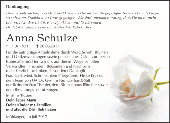 Traueranzeige von Anna Schulze von WVG - Wochenspiegel Wittenberg