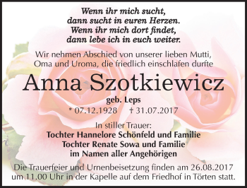 Traueranzeige von Anna Szotkiewicz von Mitteldeutsche Zeitung Dessau-Roßlau