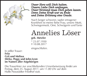 Traueranzeige von Annelies Löser von Mitteldeutsche Zeitung Halle/Saalkreis
