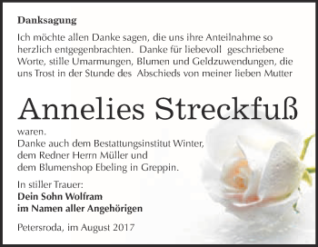 Traueranzeige von Annelies Streckfuß von WVG - Wochenspiegel Bitterfeld