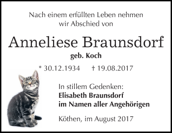 Traueranzeige von Anneliese Braunsdorf von WVG - Wochenspiegel Dessau / Köthen