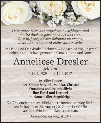 Traueranzeige von Anneliese Dresler von WVG - Wochenspiegel Quedlinburg