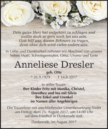Traueranzeige von Anneliese Dresler von Mitteldeutsche Zeitung Quedlinburg