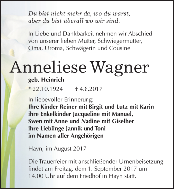 Traueranzeige von Anneliese Wagner von Mitteldeutsche Zeitung Sangerhausen