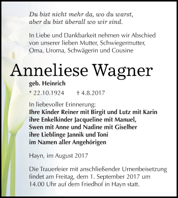 Traueranzeige von Anneliese Wagner von Super Sonntag SGH Mansf. Land