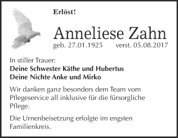 Traueranzeige von Anneliese Zahn von WVG - Wochenspiegel Bitterfeld
