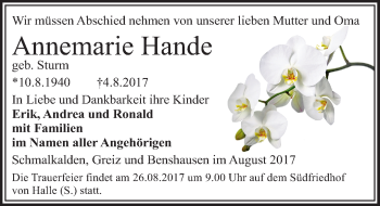 Traueranzeige von Annemarie Hande von Mitteldeutsche Zeitung Halle/Saalkreis