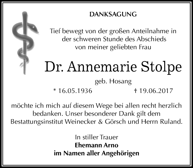  Traueranzeige für Annemarie Stolpe vom 05.08.2017 aus Mitteldeutsche Zeitung Bernburg