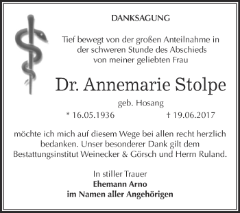 Traueranzeige von Annemarie Stolpe von Super Sonntag Bernburg