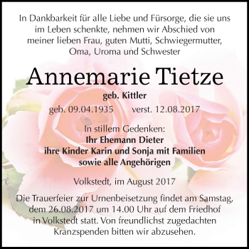 Traueranzeige von Annemarie Tietze von Wochenspiegel Mansfelder Land