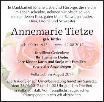 Traueranzeige von Annemarie Tietze von Mitteldeutsche Zeitung Mansfelder Land