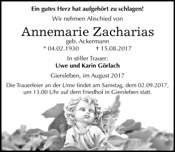 Traueranzeige von Annemarie Zacharias von Mitteldeutsche Zeitung Aschersleben
