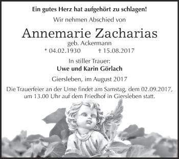 Traueranzeige von Annemarie Zacharias von Super Sonntag Aschersleben