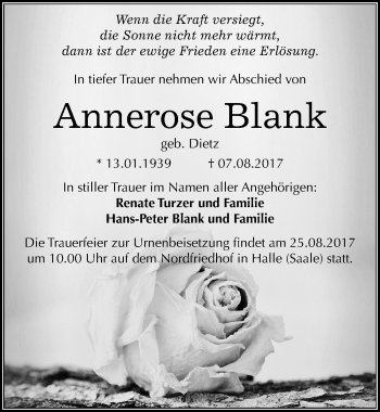 Traueranzeige von Annerose Blank von Mitteldeutsche Zeitung Halle/Saalkreis