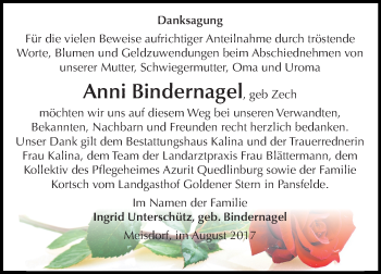 Traueranzeige von Anni Bindernagel von WVG - Wochenspiegel Quedlinburg