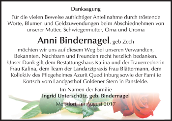 Traueranzeige von Anni Bindernagel von Mitteldeutsche Zeitung